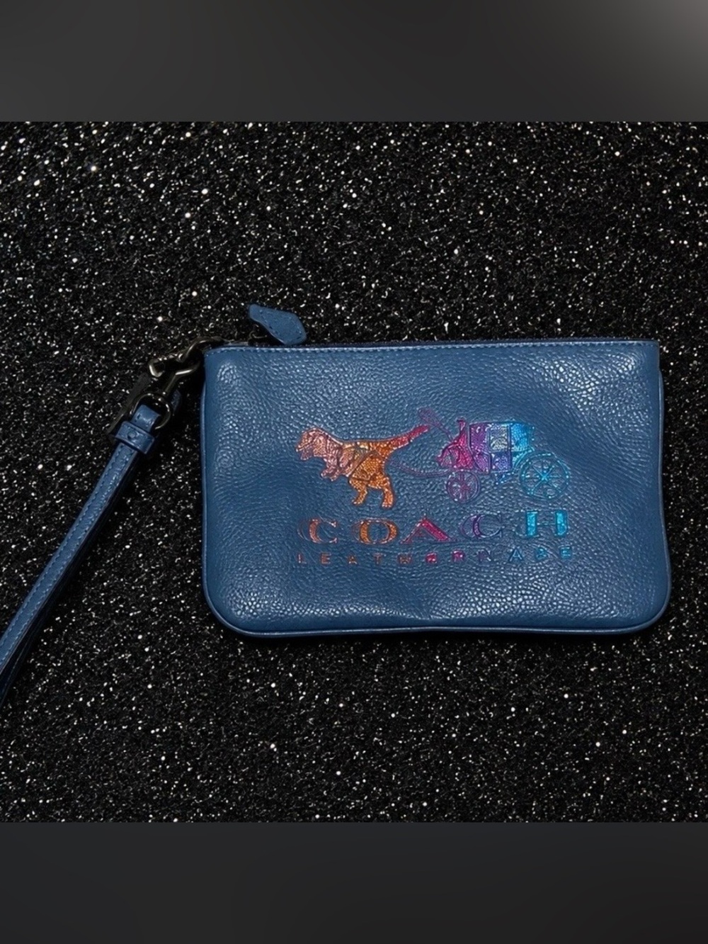 Coach Blue Leather Wristlet RARE Glitter Rainbow Pride REXY